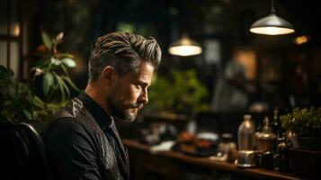 Beau barbu homme séance dans une coiffeur magasin et à la recherche loin. photo