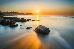 le Soleil monte plus de le océan et rochers dans le l'eau. généré par ai photo