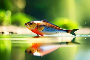 une poisson est permanent sur le l'eau avec ses réflexion. généré par ai photo