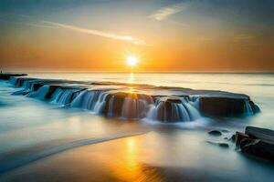 le Soleil ensembles plus de une cascade sur le plage. généré par ai photo