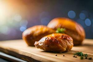 Trois pièces de poulet sur une en bois Coupe planche. généré par ai photo