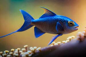 une bleu poisson avec Jaune yeux est nager dans le l'eau. généré par ai photo