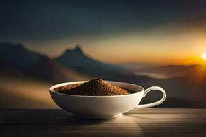 café dans une tasse sur une table avec montagnes dans le Contexte. généré par ai photo