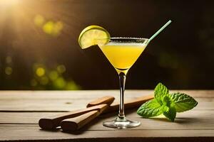 une cocktail avec une citron vert tranche et menthe sur une en bois tableau. généré par ai photo