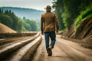 une homme dans une chapeau et veste en marchant vers le bas une saleté route. généré par ai photo