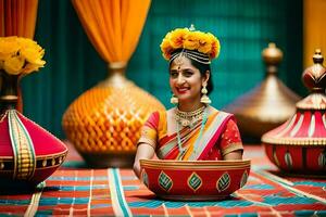 une femme dans traditionnel Indien tenue est assis dans de face de une bol. généré par ai photo