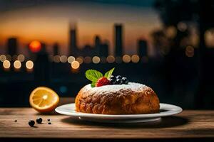 une dessert sur une assiette avec une ville voir. généré par ai photo