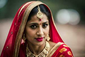 une magnifique Indien femme dans rouge sari. généré par ai photo