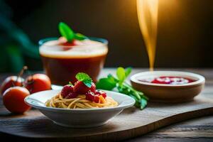 spaghetti avec tomate sauce et tomate sauce sur une en bois tableau. généré par ai photo