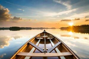 le bateau est sur le calme l'eau à le coucher du soleil. généré par ai photo