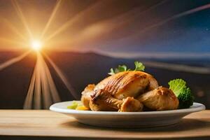 une assiette de poulet et brocoli sur une table avec une le coucher du soleil dans le Contexte. généré par ai photo