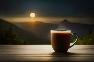 une tasse de café sur une en bois table dans de face de une Montagne voir. généré par ai photo