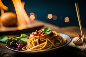 spaghetti avec tomate sauce et des légumes dans une bol. généré par ai photo