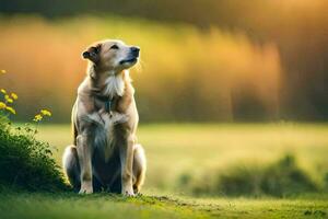 une chien séance sur le herbe dans une champ. généré par ai photo