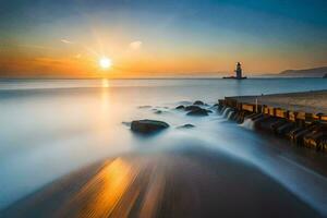 une longue exposition photographier de une phare à le coucher du soleil. généré par ai photo