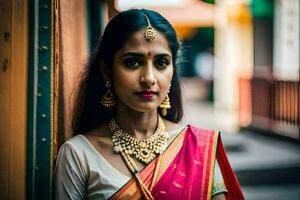 une magnifique Indien femme portant une traditionnel sari. généré par ai photo