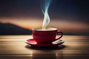 une tasse de café sur une en bois table avec fumée à venir en dehors de il. généré par ai photo