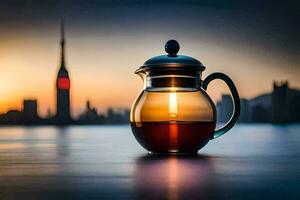 une thé pot avec une ville dans le Contexte. généré par ai photo