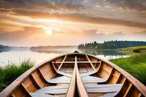 le bateau est sur le rive de une Lac à le coucher du soleil. généré par ai photo