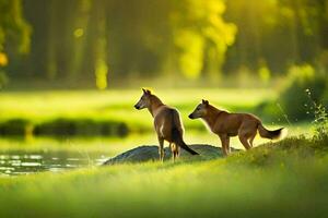 deux chiens permanent sur le herbe près une lac. généré par ai photo