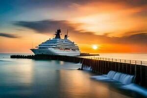 une grand croisière navire amarré à le jetée. généré par ai photo