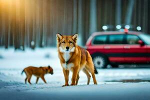 une chien et une voiture dans le neige. généré par ai photo