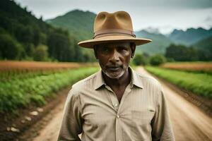 une homme portant une chapeau des stands dans une champ. généré par ai photo