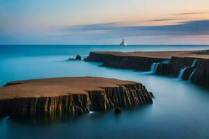 une phare dans le distance à le coucher du soleil. généré par ai photo