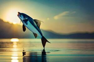 une poisson est sauter en dehors de le l'eau à le coucher du soleil. généré par ai photo