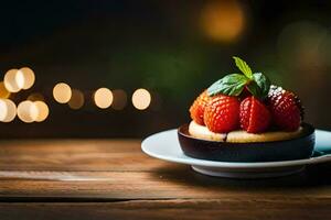 une dessert avec des fraises sur une plaque. généré par ai photo