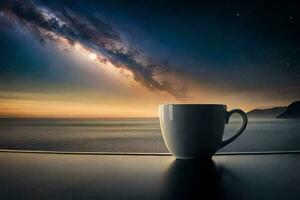 une tasse de café sur une table surplombant le océan. généré par ai photo