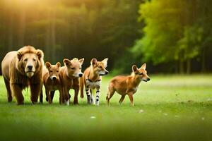 une groupe de animaux en marchant dans le herbe. généré par ai photo