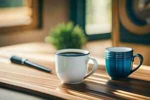 deux café tasses sur une en bois tableau. généré par ai photo