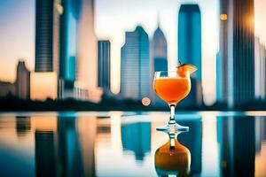 une verre de Orange jus sur une table dans de face de une ville ligne d'horizon. généré par ai photo