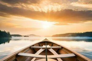 une canoë sur le l'eau à le coucher du soleil. généré par ai photo