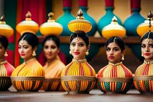 une groupe de femmes portant coloré coiffes. généré par ai photo