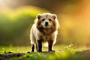 une chien est permanent sur le herbe dans le lumière du soleil. généré par ai photo