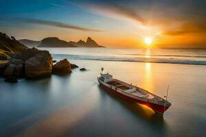 une bateau est assis sur le plage à le coucher du soleil. généré par ai photo