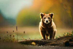 une marron ours permanent sur une Journal dans le milieu de une champ. généré par ai photo