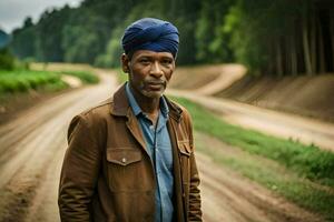 une homme portant une turban des stands sur une saleté route. généré par ai photo