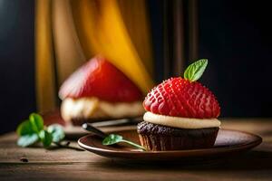 une petit gâteau avec une fraise sur Haut. généré par ai photo