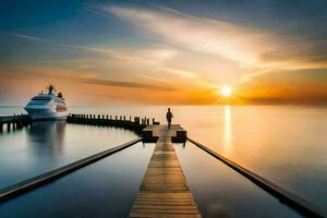 une homme des stands sur une Dock à le coucher du soleil. généré par ai photo