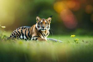 une tigre séance dans le herbe avec une Jaune fleur. généré par ai photo