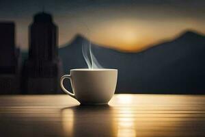 une tasse de café sur une table avec une ville dans le Contexte. généré par ai photo