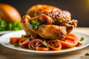 une assiette de poulet avec des légumes et herbes. généré par ai photo