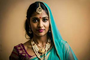 une magnifique Indien femme portant une sari et bijoux. généré par ai photo