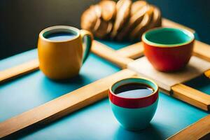 coloré café tasses sur une en bois plateau. généré par ai photo