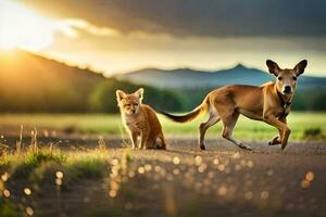 deux chiens fonctionnement dans le champ à le coucher du soleil. généré par ai photo