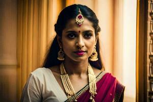 une magnifique Indien la mariée dans une rouge sari. généré par ai photo