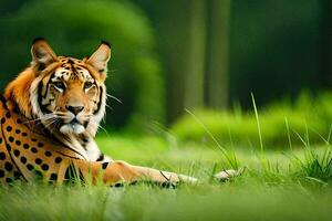 une tigre est séance dans le herbe. généré par ai photo